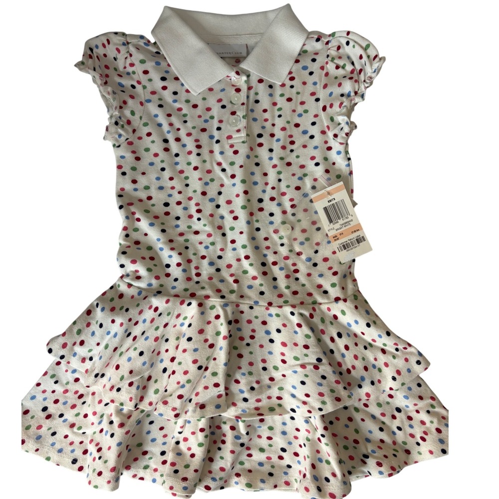 New Charter Club Polka Dot Dress Ruffle Hem White Collar‎ Girl Toddler 2T